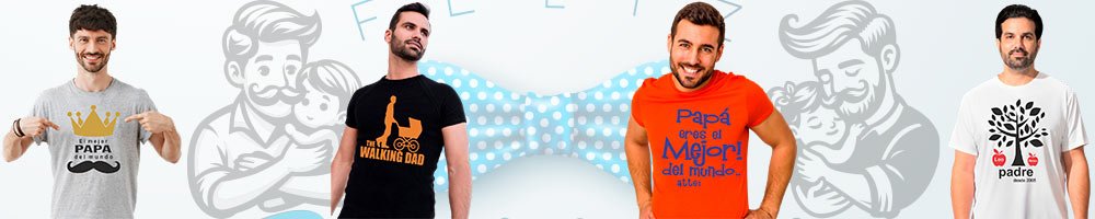 Banner de playeras personalizadas para Día del Padre con diseños The Walking Dad, árbol familiar y frases emotivas para papá.