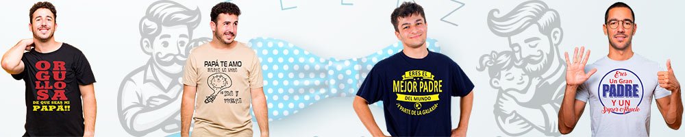 Modelos usando playeras personalizadas para el Día del Padre con diseños divertidos y familiares impresos en DTF.