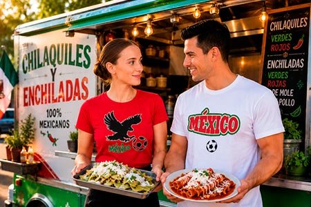 Playeras personalizadas para food truck mexicano de chilaquiles y enchiladas con diseños patrióticos de México.