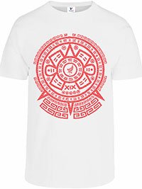 Playera personalizada blanca con diseño de calendario azteca rojo estampado en DTF de alta calidad para eventos, negocios y proyectos personalizados.
