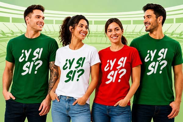 Cuatro modelos usando playeras personalizadas en colores verde, blanco y rojo con la frase "¿Y Si Sí?", inspiradas en la pasión por México y el Mundial de Fútbol 2026. Diseño disponible en Playeras Personalizadas MX.