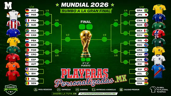 Bracket del Mundial 2026 con playeras personalizadas inspiradas en las selecciones participantes, diseñado por Playeras Personalizadas MX.