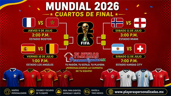 Calendario de los Cuartos de Final del Mundial 2026 con las selecciones clasificadas, partidos confirmados, horarios del Centro de México y estadios donde se disputarán los encuentros.