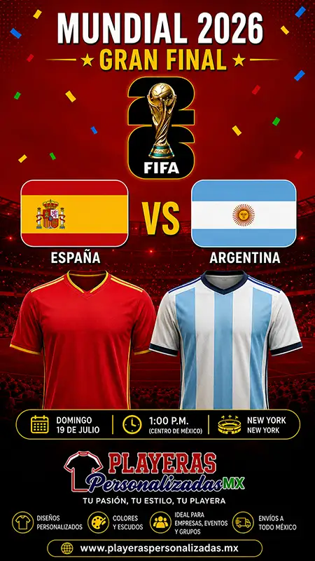 Gran Final del Mundial 2026 entre España y Argentina con la fecha del partido, horario del Centro de México, sede en Nueva York y playeras inspiradas en las selecciones finalistas.
