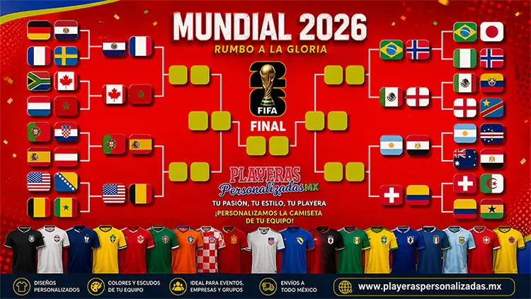 Llave de los Octavos de Final del Mundial 2026 con las selecciones clasificadas, enfrentamientos confirmados y playeras personalizadas inspiradas en los colores de cada equipo por Playeras Personalizadas MX.