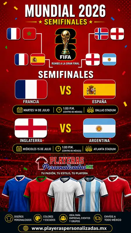 Llave de las Semifinales del Mundial 2026 con los partidos Francia vs España e Inglaterra vs Argentina, fechas, horarios del Centro de México y estadios sede rumbo a la gran Final.