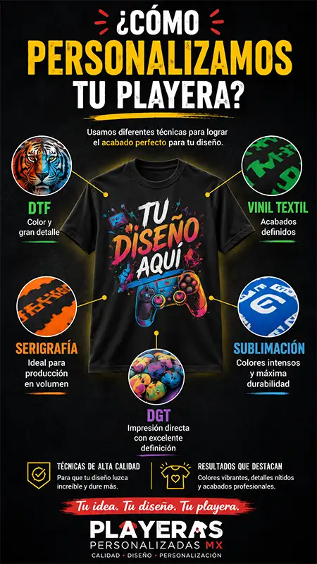 Técnicas de impresión para playeras personalizadas con DTF, vinil textil, serigrafía, sublimación y DGT