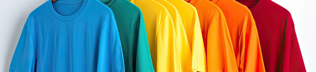 Cinta decorativa de playeras en colores azul, turquesa, amarillo, naranja y rojo.