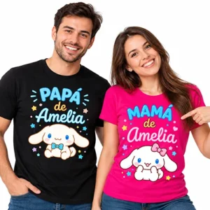 Pareja con playeras personalizadas para fiesta temática para papa y mama
