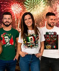 Tres modelos con playeras personalizadas de México para fiestas patrias 2026, con fuegos artificiales de fondo.