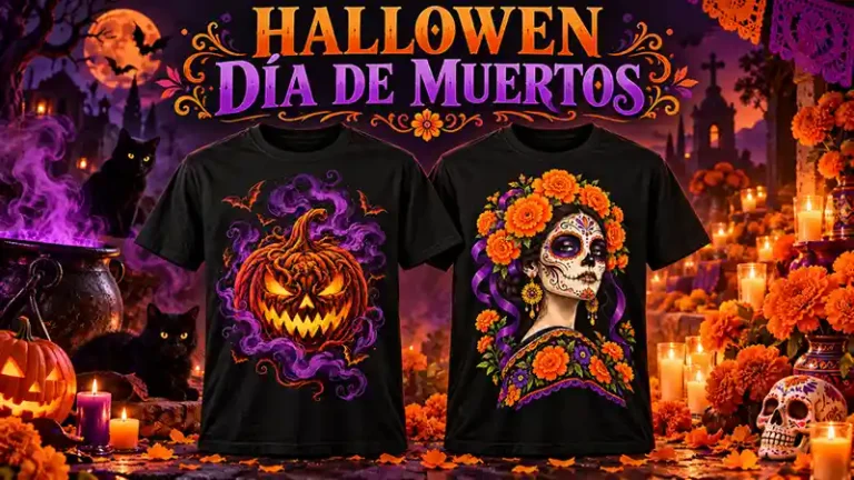 Playeras personalizadas de Halloween y Día de Muertos en CDMX, con diseños de calabaza y catrina mexicana.