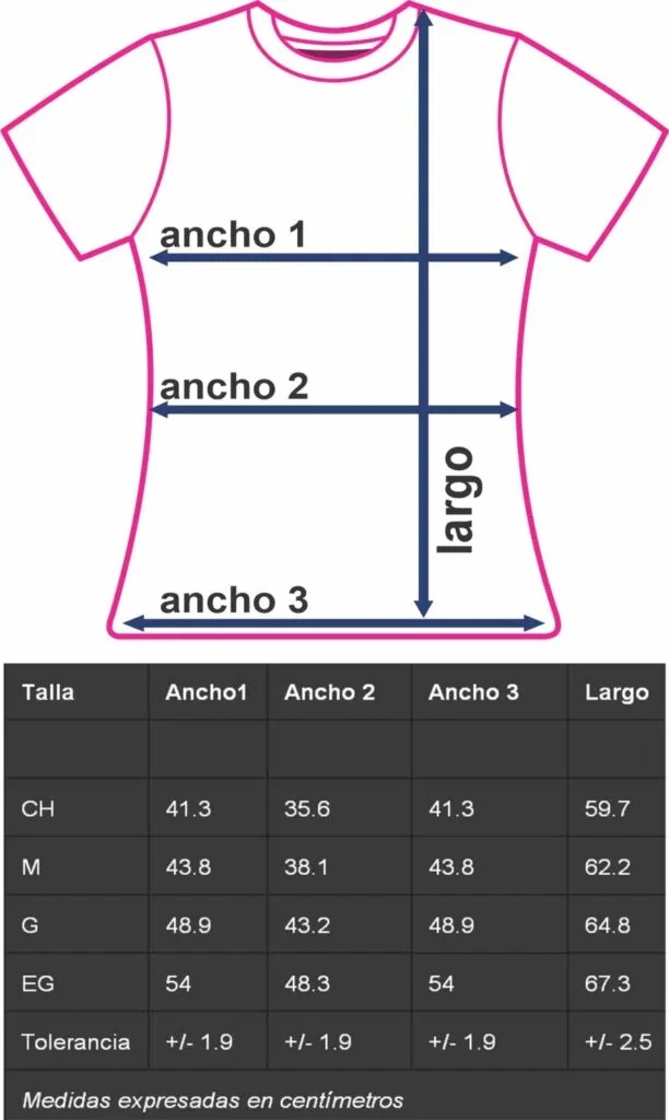 Guía de medidas de playera para dama con ancho de pecho, cintura, cadera y largo