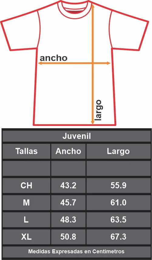 Tabla de medidas de playeras juveniles con ancho y largo por talla