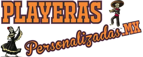 Logotipo de Playeras Personalizadas MX con letras naranjas y dos calaveras mexicanas vestidas con trajes tradicionales.